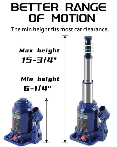 Double Ram Bottle Jack Hydraulic Welded 6 Ton Truck Jack With Three Stage Lift And Extension Screw Top at min and max height