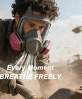 Person wearing Full Face Respirator With Filters For Sanding, Painting, Spraying And Welding in dusty environment