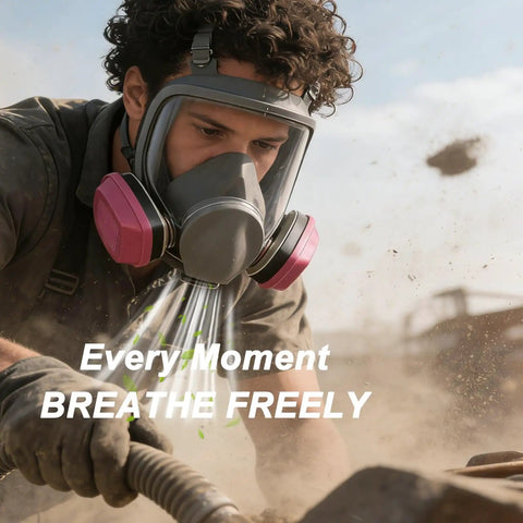Person wearing Full Face Respirator With Filters For Sanding, Painting, Spraying And Welding in dusty environment