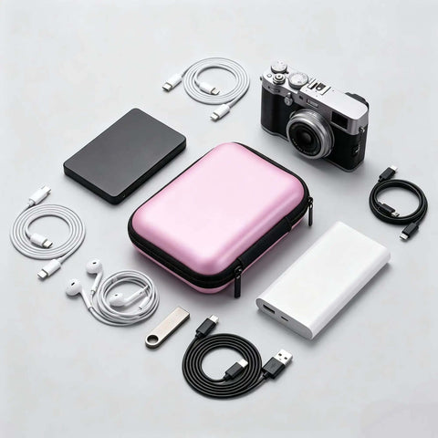 Dope Pink Eva Electronics Organizer Case For Ccd Camera Travel Purse Featuring Internal Cable Stash Plus Shockproof Dust Resistant Shell on a table with camera and cables