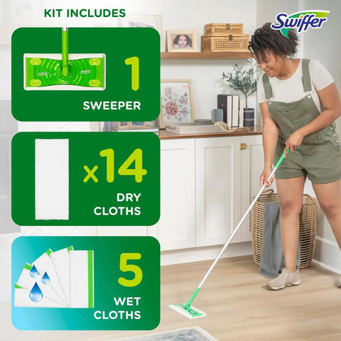 Person using 2-In-1 Floor Mop And Sweeper Starter Kit With 1 Mop And 19 Refills, showing included 14 dry and 5 wet cloths.