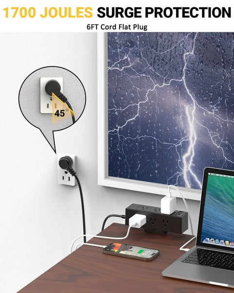 Desk Clamp Power Strip With USB C And USB Ports, 9 AC Outlets Plus Surge Protector on desk with laptop and phone charging