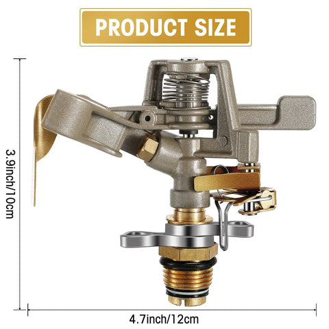 Heavy Duty Brass Impact Sprinkler Heads With Adjustable 360 Degree Coverage For Lawns And Gardens 9 Pack close-up view with dimensions 3.9 inches by 4.7 inches