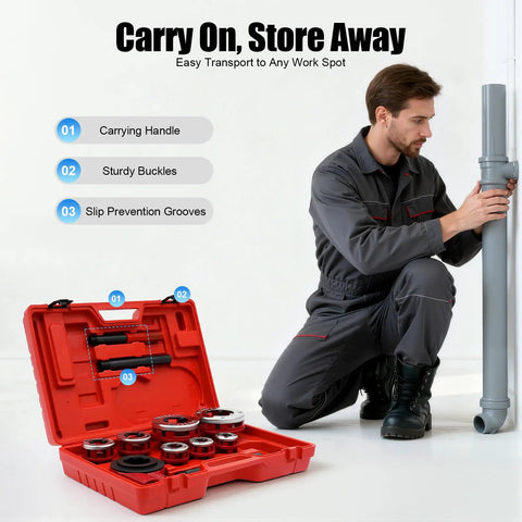 Heavy Duty 2300W Electric Pipe Threader Machine With Copper Motor For Galvanized Steel And Iron in sturdy carry case with tools.