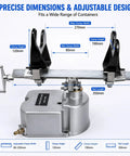 Air Driven Paint Can Mixer For 1 To 5 L Round And Square Buckets, Pneumatic Shaker With 30 Degree Oscillation And Adjustable Clamp System For Mixing Ink Adhesive And Coatings, A DIY Friendly Pro Grade Tool For Any Shop; adjustable clamp width and rail dimensions shown