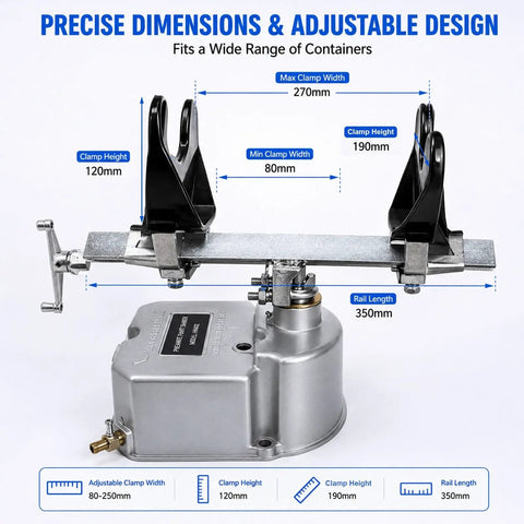 Air Driven Paint Can Mixer For 1 To 5 L Round And Square Buckets, Pneumatic Shaker With 30 Degree Oscillation And Adjustable Clamp System For Mixing Ink Adhesive And Coatings, A DIY Friendly Pro Grade Tool For Any Shop; adjustable clamp width and rail dimensions shown