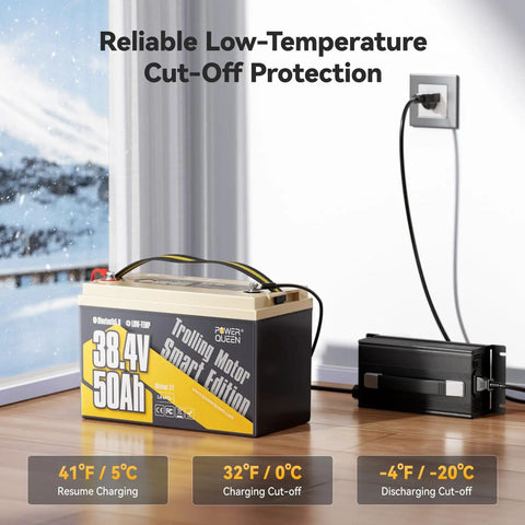 36V 50Ah LiFePO4 Battery With Bluetooth 5.0 Remote Low Temp Protection 1920Wh for 36V trolling motors charging indoors