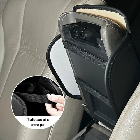 Pro Grade Diamond Quilted Armrest Pad For Tesla Cybertruck 2024 Through 2026 showing telescopic straps and console fit.