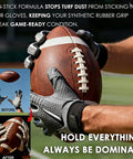 Football player wearing gloves with non-stick formula gripping a leather football on a field.
