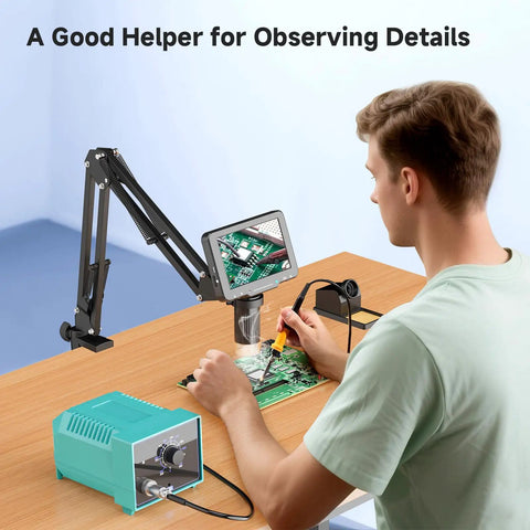Man using 5 Inch LCD Digital Soldering Microscope With Flexible Stand, 1000X Magnification, for electronics repair.