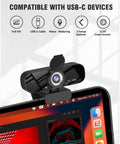 Top Shelf 1080P HD Webcam With Snappy Internal Audio Mic And Sturdy Swivel Stand, mounted on laptop with USB-C connectivity.