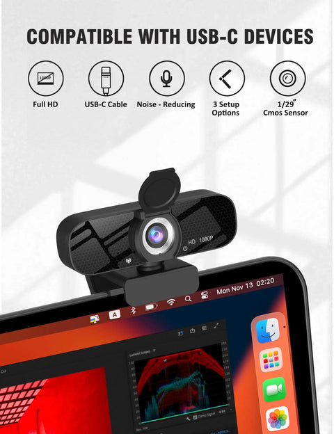 Top Shelf 1080P HD Webcam With Snappy Internal Audio Mic And Sturdy Swivel Stand, mounted on laptop with USB-C connectivity.