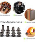 Rock Solid 120 Piece Chicago Screws Assorted Kit with eight mixed screw rivet sizes, showing various applications for leather crafting.