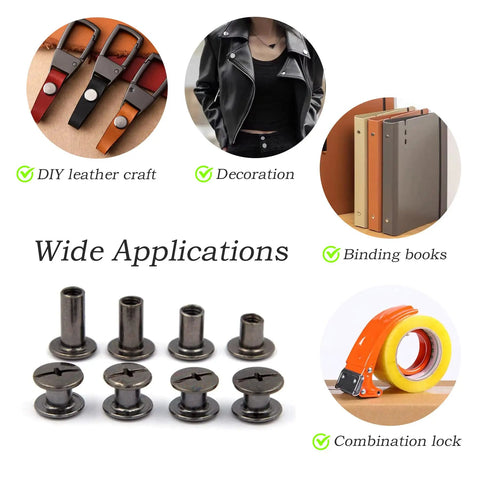 Rock Solid 120 Piece Chicago Screws Assorted Kit with eight mixed screw rivet sizes, showing various applications for leather crafting.
