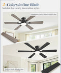 52 Inch Ceiling Fan With Lights, App And Remote, Flush Mount Low Profile Black Ceiling Fan, 2-color reversible blades