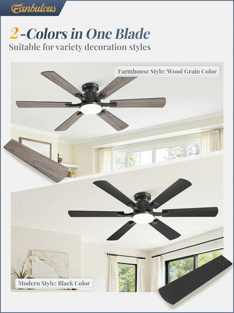 52 Inch Ceiling Fan With Lights, App And Remote, Flush Mount Low Profile Black Ceiling Fan, 2-color reversible blades