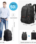 Rolling travel backpack, 50L, black with wheels; front shows zip pockets, laptop compartment, TSA lock.