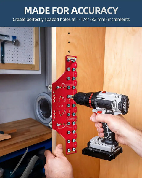 Two In One Cabinet Hardware Jig That Doubles As A Shelf Pin Drilling Guide With All Metal Self Contained Clamps in use on wood