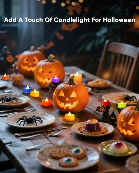 Flickering Flameless LED Tea Lights 24 Pack Battery Operated For Wedding Centerpieces And Home Decor on Halloween table