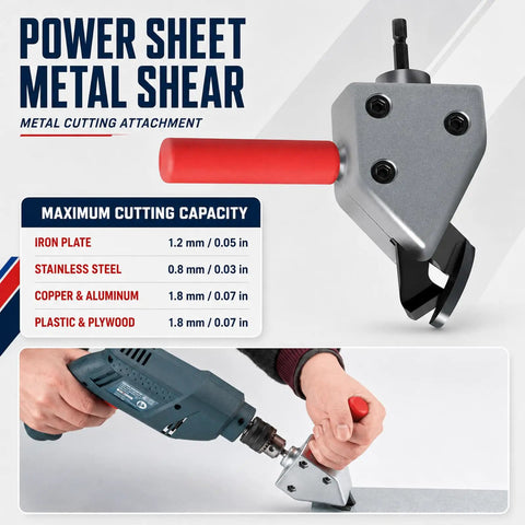 Power Sheet Metal Shear Drill Attachment Metal Cutter Head For 12 Volt Drills, cutting metal sheets with precision.