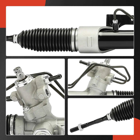 Close-up of hydraulic power steering rack and pinion for Nissan Altima, highlighting components and connections.