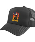 Forklift Operator Trucker Hat With Adjustable Mesh Back For Warehouse Crew And Logistics Pros, black cap front view with eagle design.