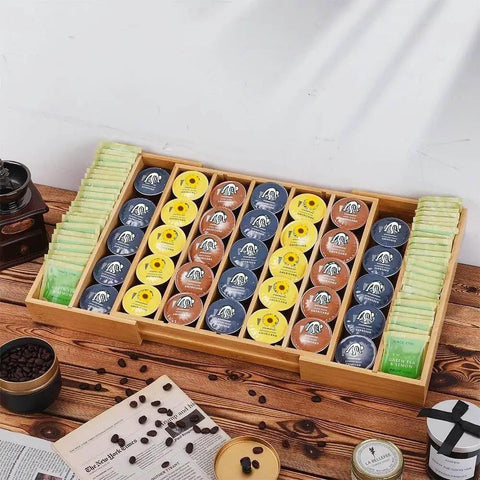 Expandable Bamboo K Cup Holder Drawer Organizer For Coffee Pods And Tea Bags Flexible 12.6 To 21.6 Inch Pod Storage Tray on table