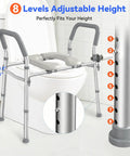 Ultra Comfy Raised Toilet Seat With Extra Wide Safety Handles Adjustable Height And Width For Seniors Fsa Hsa Eligible Heavy Duty Frame No Wobble, showing 8 height adjustment levels and safety grip handles.