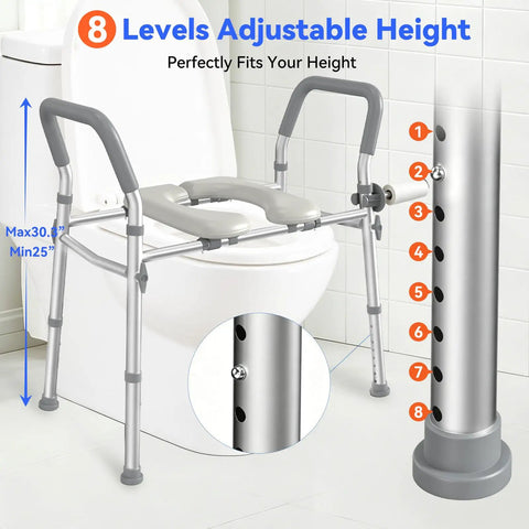 Ultra Comfy Raised Toilet Seat With Extra Wide Safety Handles Adjustable Height And Width For Seniors Fsa Hsa Eligible Heavy Duty Frame No Wobble, showing 8 height adjustment levels and safety grip handles.