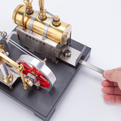 Close-up of Full Metal Steam Engine Model Kit With Horizontal Boiler, 84 Piece DIY Science Set, showing engine and boiler feature.