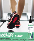 Runner on treadmill with One Hundred Percent Silicone Treadmill Lubricant For Belt Non Toxic Odorless Four Oz Bottle