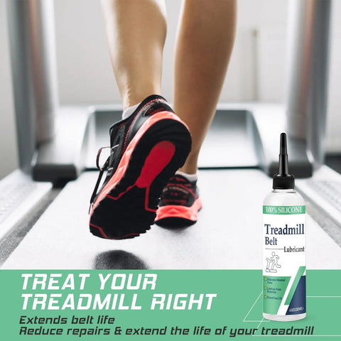 Runner on treadmill with One Hundred Percent Silicone Treadmill Lubricant For Belt Non Toxic Odorless Four Oz Bottle