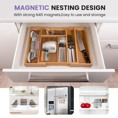 Heavy Duty Magnetic Measuring Cups And Spoons Set In 304 Stainless Steel with storage drawer and magnets on fridge