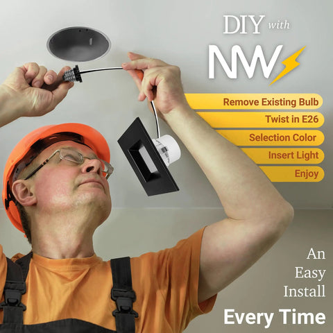 Person installing 4 Pack Black 4 Inch LED Ceiling Light Square Retrofit Can Light With 5CCT Adjustable 2700K To 5000K Dimmable 750 Lumens 11W ETL JA8 T24 Compliant Wet Rated And IC Rated