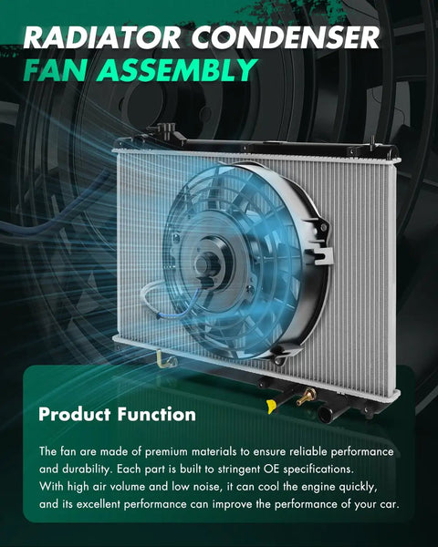 Premium Radiator Condenser Cooling Fan Direct Replacement For Audi A3 And VW CC TT Engine Cooling Assembly shown from the front.