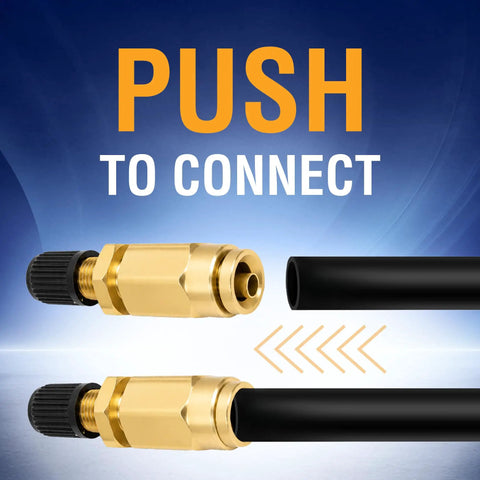 Twin Pack Schrader Valve for One Quarter Inch Air Line Tubing with Push To Connect PTC 200 PSI DOT Approved Air Inflation Valve for Semi Truck Trailer Tractor Air Springs and Suspension, brass valve with black 1/4 in tubing