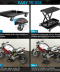 Steps to use Heavy Duty 1100 Lbs Motorcycle Lift Stand With Dolly And Wide Anti Slip Deck Scissor Lift Jack including wheeled chassis setup.