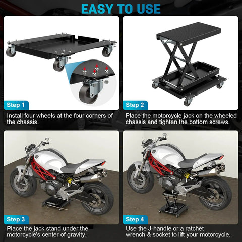 Steps to use Heavy Duty 1100 Lbs Motorcycle Lift Stand With Dolly And Wide Anti Slip Deck Scissor Lift Jack including wheeled chassis setup.