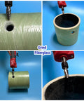 Four-piece carbide burr set with 1/4 in shank; red die grinder grinding a green fiberglass pipe (collage of views).