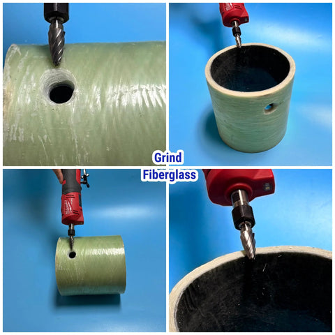 Four-piece carbide burr set with 1/4 in shank; red die grinder grinding a green fiberglass pipe (collage of views).
