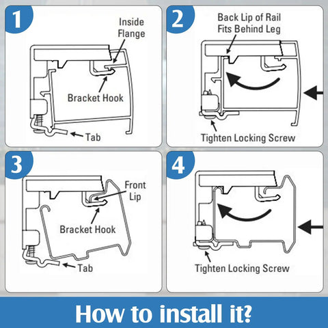 Installation guide for Six Pack Mini Blind Brackets 1.18X1.18 Inch with screws, showing four-step process for window blind mounting.