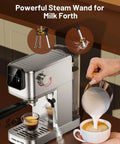 Powerful steam wand of Top Shelf 20 Bar Espresso Machine With Hot And Iced Beverage Options Solid Stainless Steel Coffee Brewer.