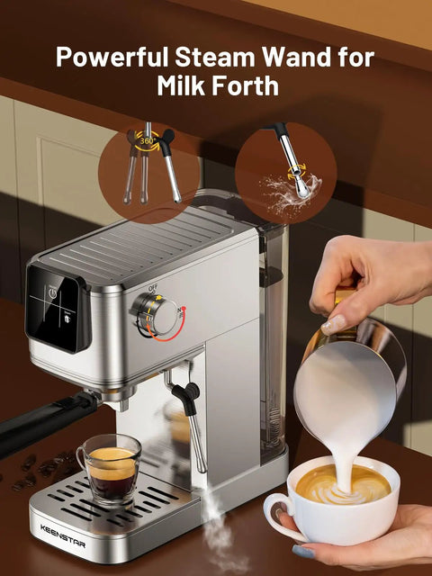 Powerful steam wand of Top Shelf 20 Bar Espresso Machine With Hot And Iced Beverage Options Solid Stainless Steel Coffee Brewer.