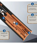 Close-up of Premium Bottom Mount Drawer Slides 8 to 20 Inch showing automatic lock and damping buffer features.