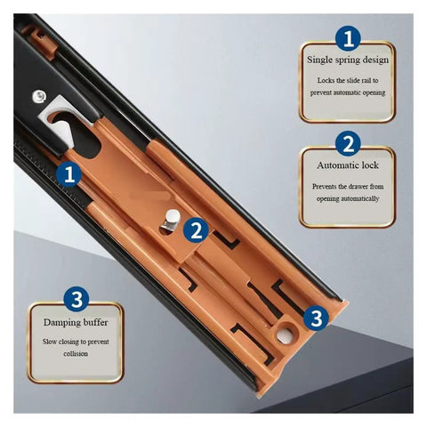 Close-up of Premium Bottom Mount Drawer Slides 8 to 20 Inch showing automatic lock and damping buffer features.