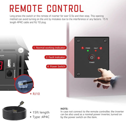 Remote control panel of Heavy Duty 2000 Watt Power Inverter shows power indicators and switch for easy operation.