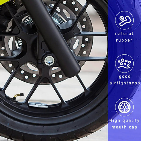 Close-up of Two Pack PVR50 Valve Stem Set Bent 135 Degree Angled Snap In Tubeless Tire Valve Stems Brass With Rubber Base on motorcycle rim