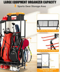 Heavy Duty Rolling Garage Organizer With Wheels For Indoor Sports Gear Storage Including Golf Bags Balls Bats Rackets Skates Mats And More All In One Storage Rack With Basket And Hooks Black Large shown with sports equipment.