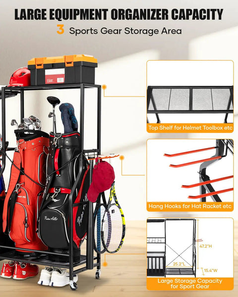 Heavy Duty Rolling Garage Organizer With Wheels For Indoor Sports Gear Storage Including Golf Bags Balls Bats Rackets Skates Mats And More All In One Storage Rack With Basket And Hooks Black Large shown with sports equipment.