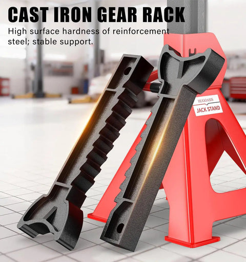 Heavy Duty Red Jack Stands Set 3 Ton Capacity 6000 Lbs Self Locking Ratchet Steel Pyramid Base Adjustable Height From Eleven And A Half Inches To Sixteen And Three Quarters Inches Ideal For Cars And Sedans